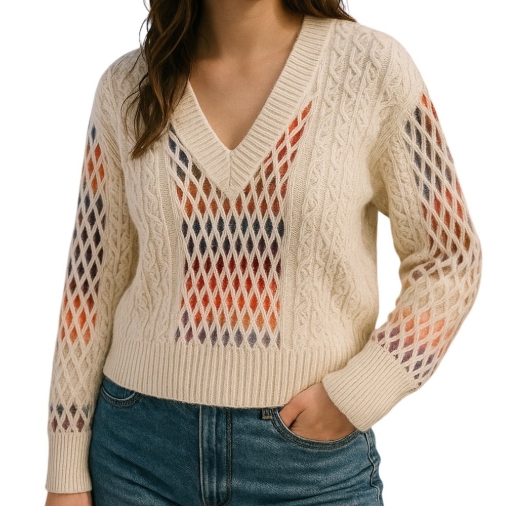 Maeve Anthropologie‎ Lambswool Cable Knit Sweater XS Ivory Multicolor V-neck
